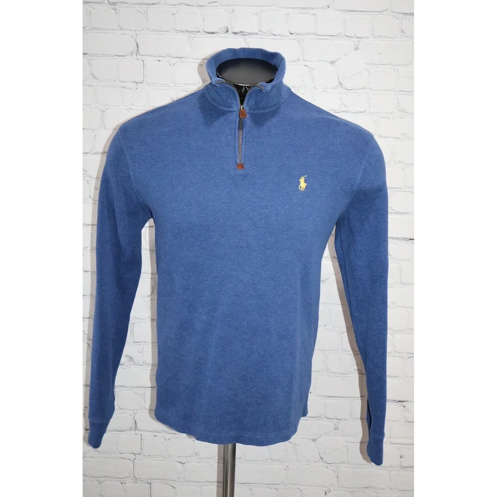 Polo Ralph Lauren Pullover Mens Medium Blue 1/4 Leather Zip Pull Cotton Sweater
